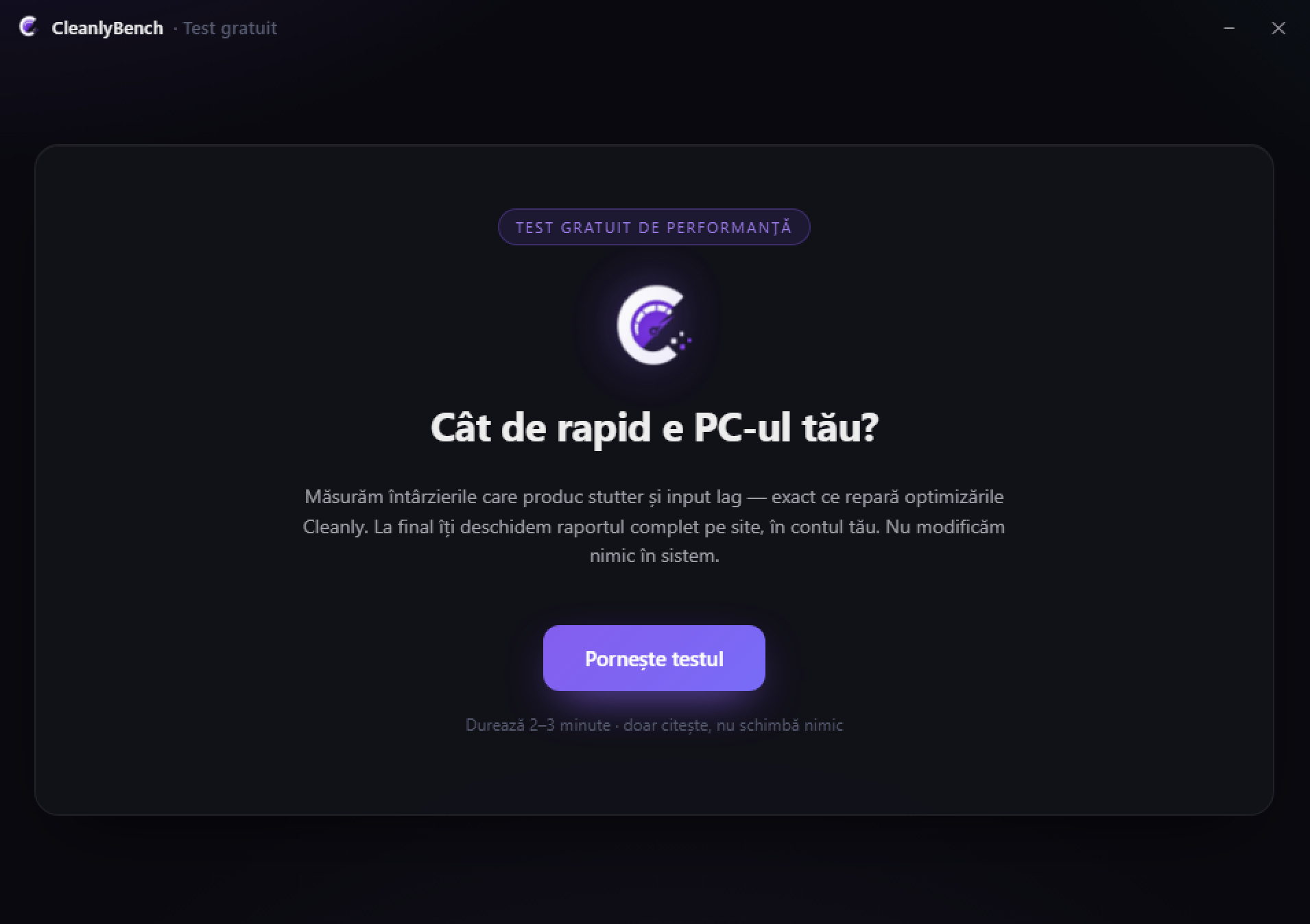 Aplicația CleanlyBench — ecranul de start al testului gratuit de performanță