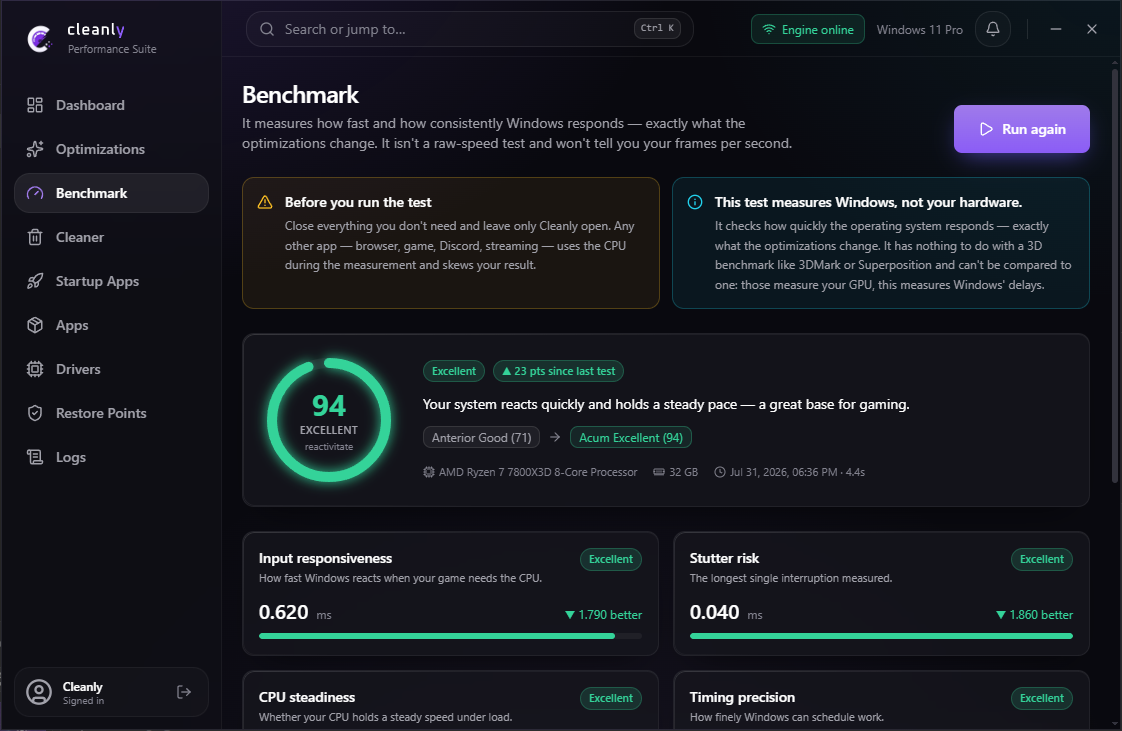 Secțiunea Benchmark — scor compus, scor de pregătire și teste de CPU, memorie, stocare și GPU